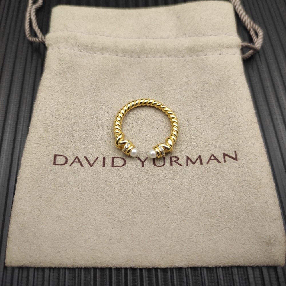 David Yurman Gold Cable Open Ring with White Pearl Tips